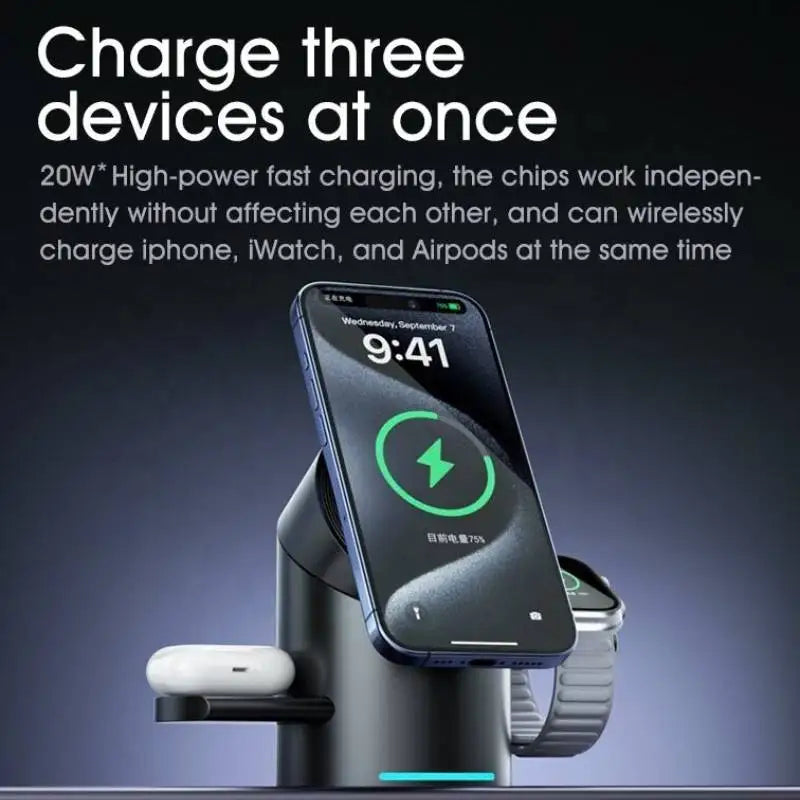 Qi2 3-in-1 Magnetic Wireless Charger - 15W Fast Charging Station for iPhone, AirPods & Apple Watch