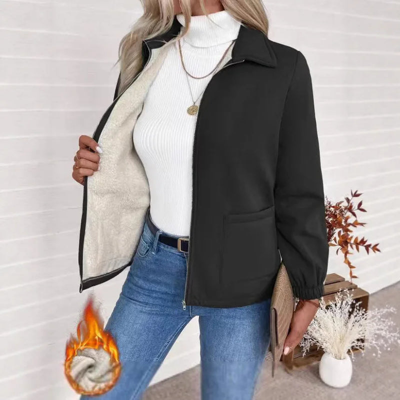 Casaco Baseball Feminino Elegante - Fecho Éclair Bolsos Outono Inverno