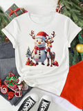 T-Shirt Natal Feminina Cartoon - Boneco Neve Rena Árvore Manga Curta Casual