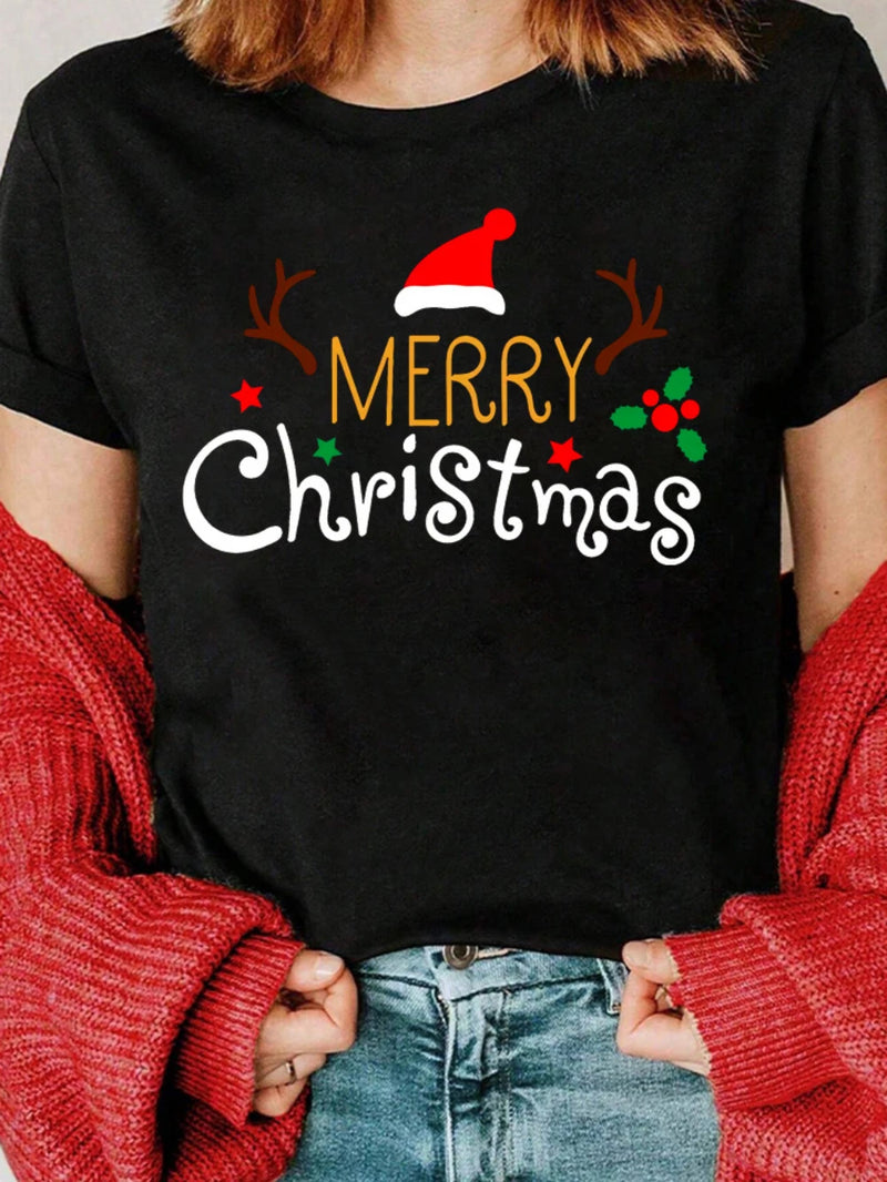 T-Shirt Natal Feminina Merry Christmas - Gorro Renas Manga Curta Branca Casual