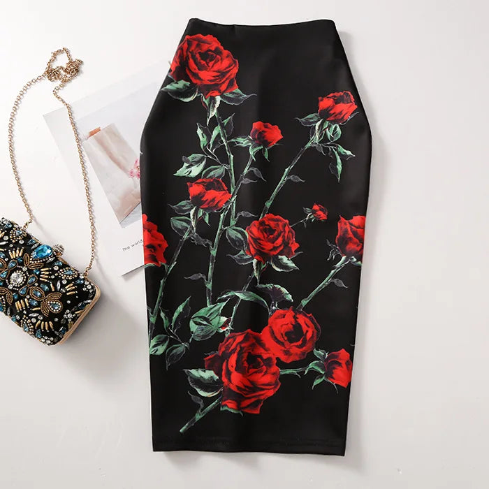Saia Bodycon Estampado Flores Vintage - Midi Elegante Lápis Ajustada