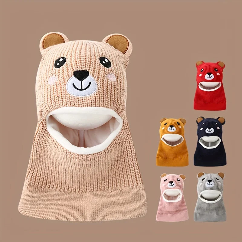 1pc Winter Cartoon Animal Knit Hat with Ear Flaps for Boys, Polyester Thermal Lined Hood, Christmas Outdoor Hiking Warm Cap