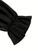 Blusa Feminina Preta Gola Redonda Manga Comprida - Punhos Folhos Elegante Casual