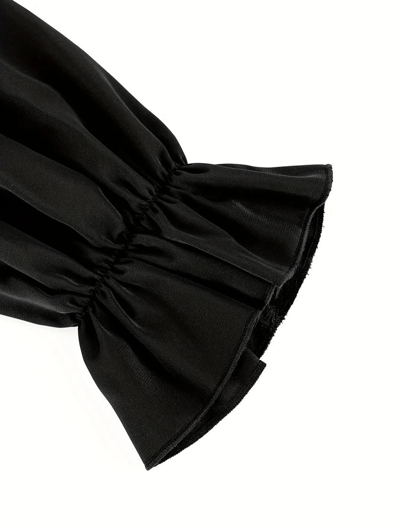 Blusa Feminina Preta Gola Redonda Manga Comprida - Punhos Folhos Elegante Casual