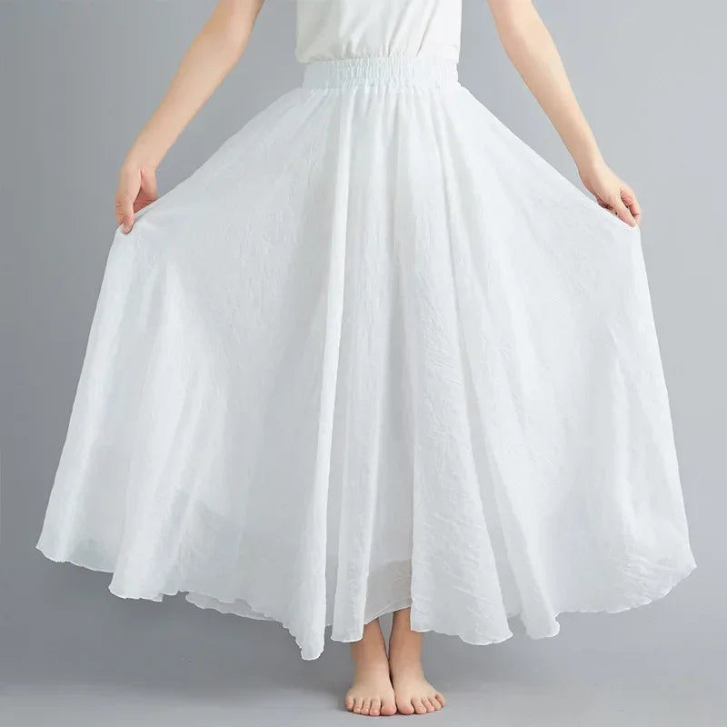 Saia Maxi Algodão Linho Cor Sólida - Casual Elegante Harajuku Longa
