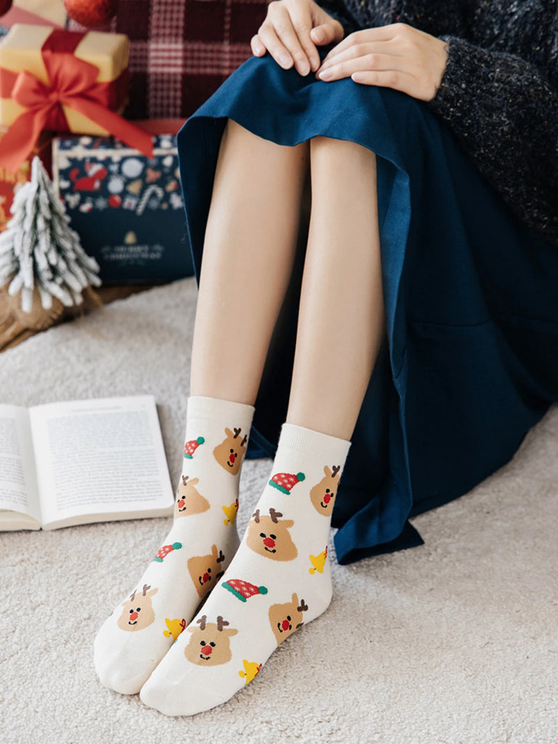 Meias Natal Mulher 4 Pares - Pai Natal Boneco Neve Kawaii Cartoon Presente