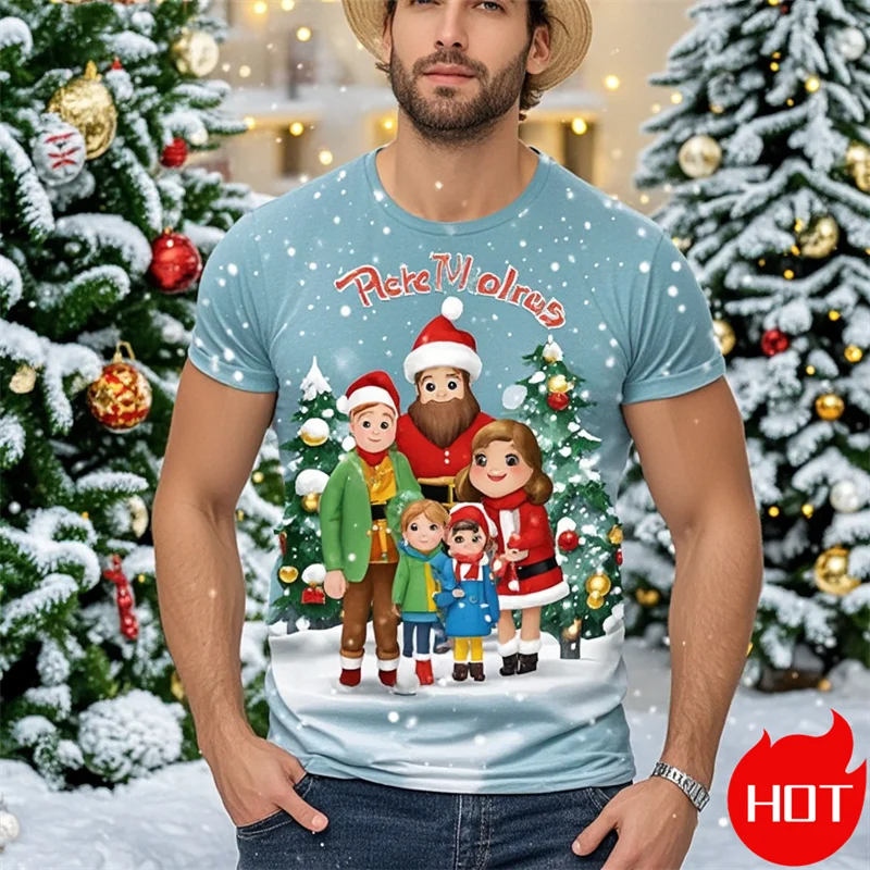 T-Shirt Natal Criança 2024 - Pai Natal 3D Impressão Street Hip Hop Manga Curta