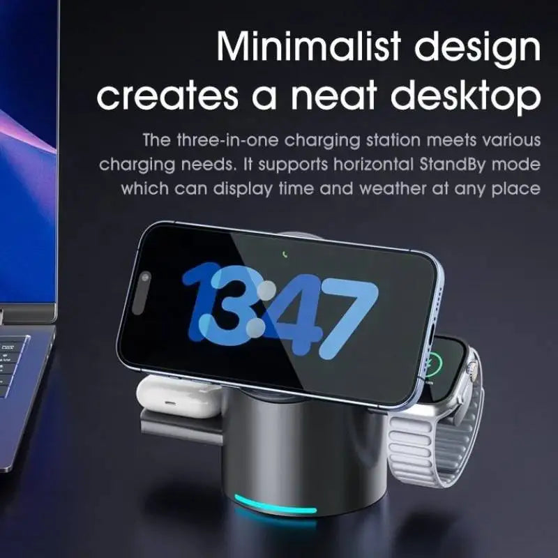 Qi2 3-in-1 Magnetic Wireless Charger - 15W Fast Charging Station for iPhone, AirPods & Apple Watch