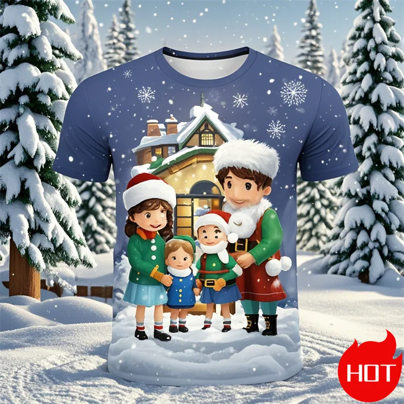 T-Shirt Natal Criança 2024 - Pai Natal 3D Impressão Street Hip Hop Manga Curta