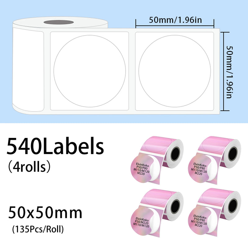 540 Etiquetas Circulares M110 50mm Impermeáveis - Papel Laser Redondo para P50 P1 DP30S M220