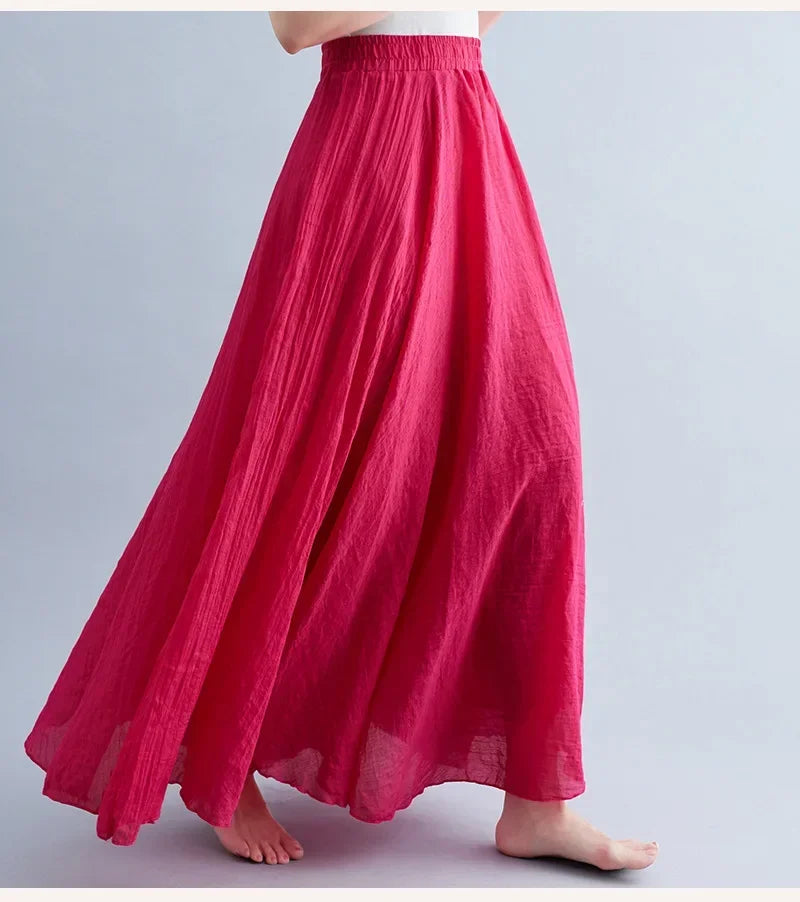 Saia Maxi Algodão Linho Cor Sólida - Casual Elegante Harajuku Longa