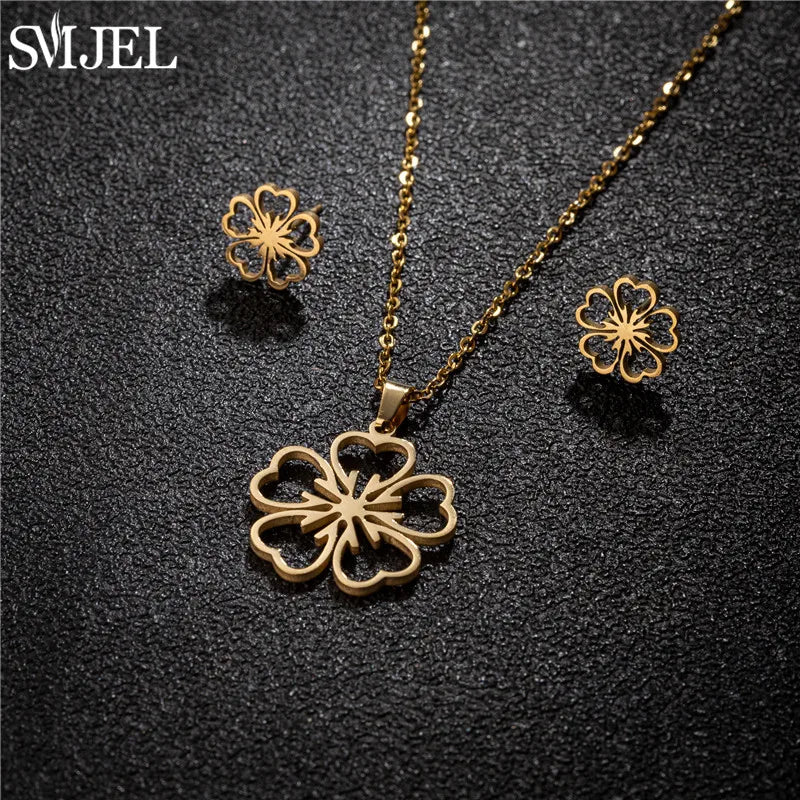 Conjunto Joias Aço Inoxidável - Colares Brincos Flores Bohemia para Homens e Mulheres