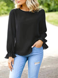 Blusa Feminina Preta Gola Redonda Manga Comprida - Punhos Folhos Elegante Casual