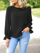 Blusa Feminina Preta Gola Redonda Manga Comprida - Punhos Folhos Elegante Casual