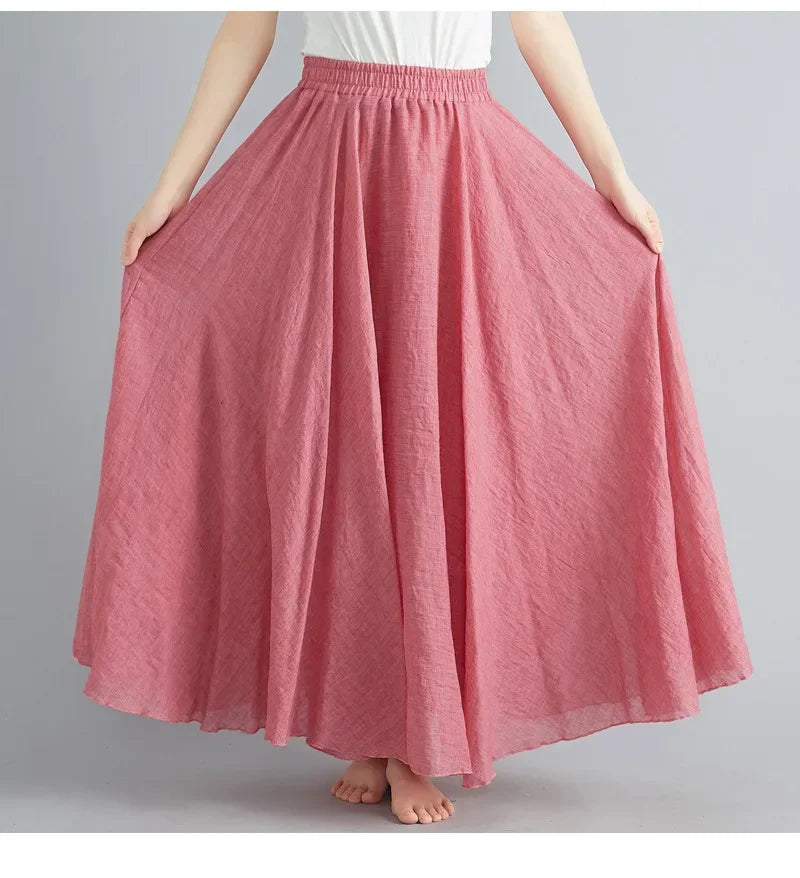 Saia Maxi Algodão Linho Cor Sólida - Casual Elegante Harajuku Longa