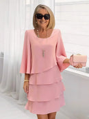 Vestido Festa Manga 3/4 - Saia Camadas Elegante