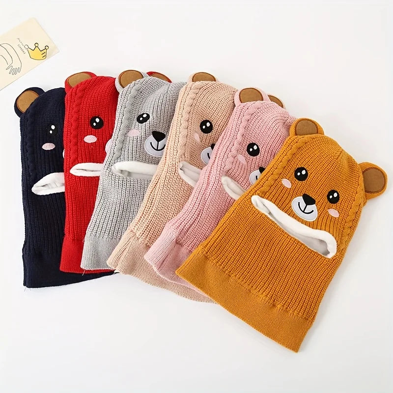 1pc Winter Cartoon Animal Knit Hat with Ear Flaps for Boys, Polyester Thermal Lined Hood, Christmas Outdoor Hiking Warm Cap