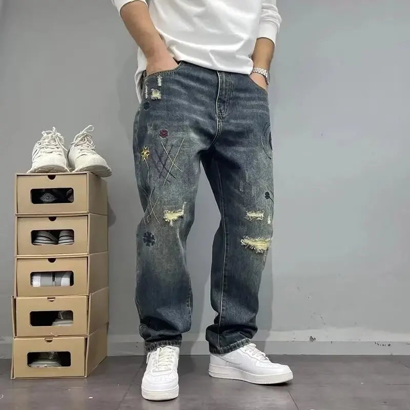 Jeans Masculinas Perna Larga Rasgadas - Estilo Americano Vintage Lavadas