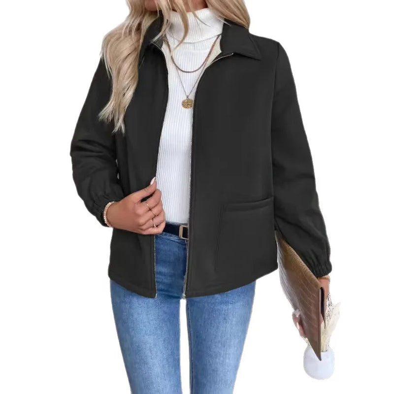 Casaco Baseball Feminino Elegante - Fecho Éclair Bolsos Outono Inverno