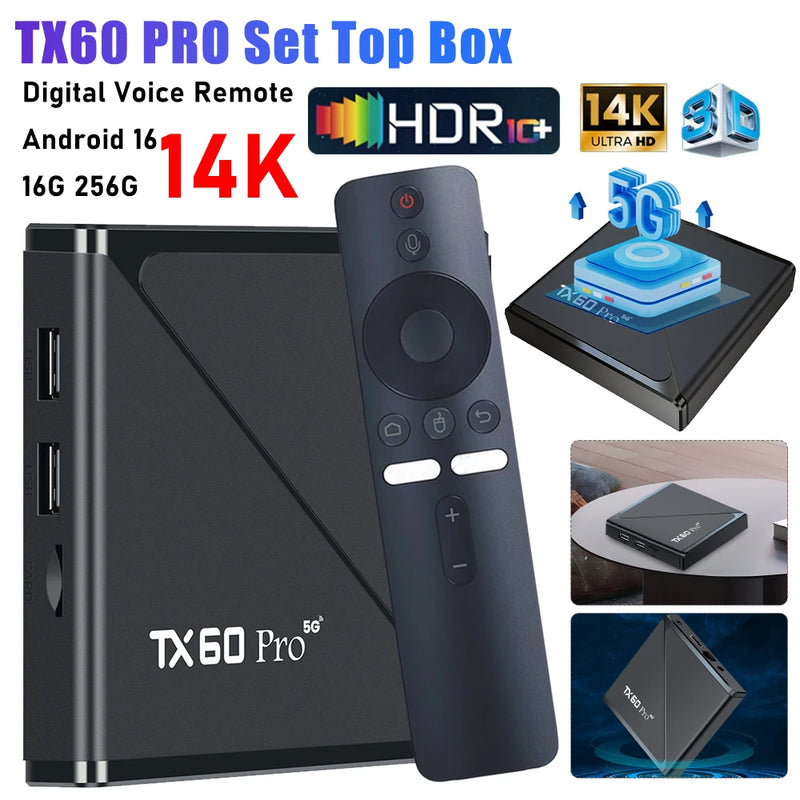 Box TV Android 16 TX60 PRO - 4K WiFi Dual 2.4G/5G Leitor Multimédia 16GB/256GB 2025