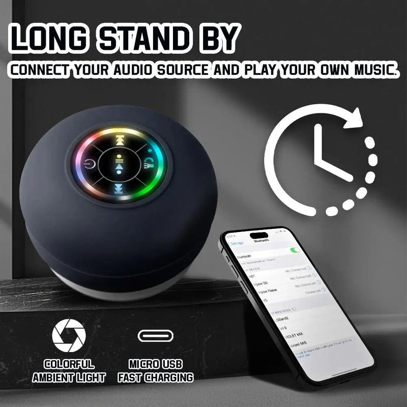Coluna Bluetooth Mini À Prova de Água - Luzes LED Coloridas Ventosa Suporte Telemóvel
