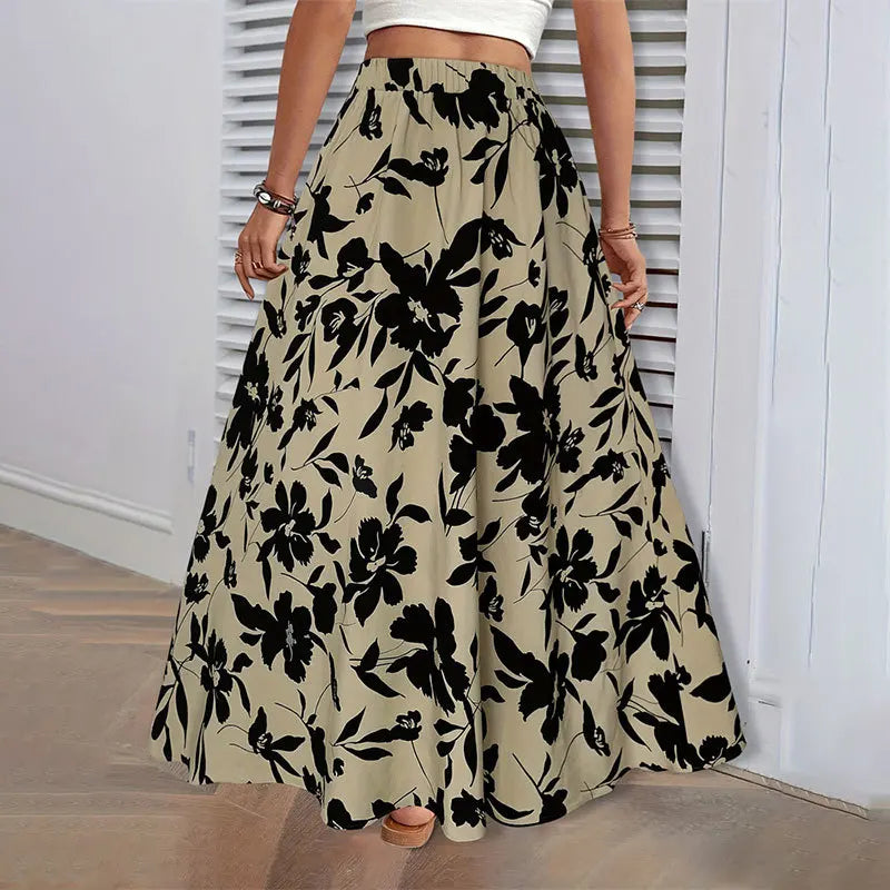 Saia Longa Estampado Folhas Casual 2025 - Cintura Alta Plissada Elegante