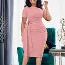 Vestido Feminino Verão Manga Curta Elegante com Pregas - Gola Banda Tendência
