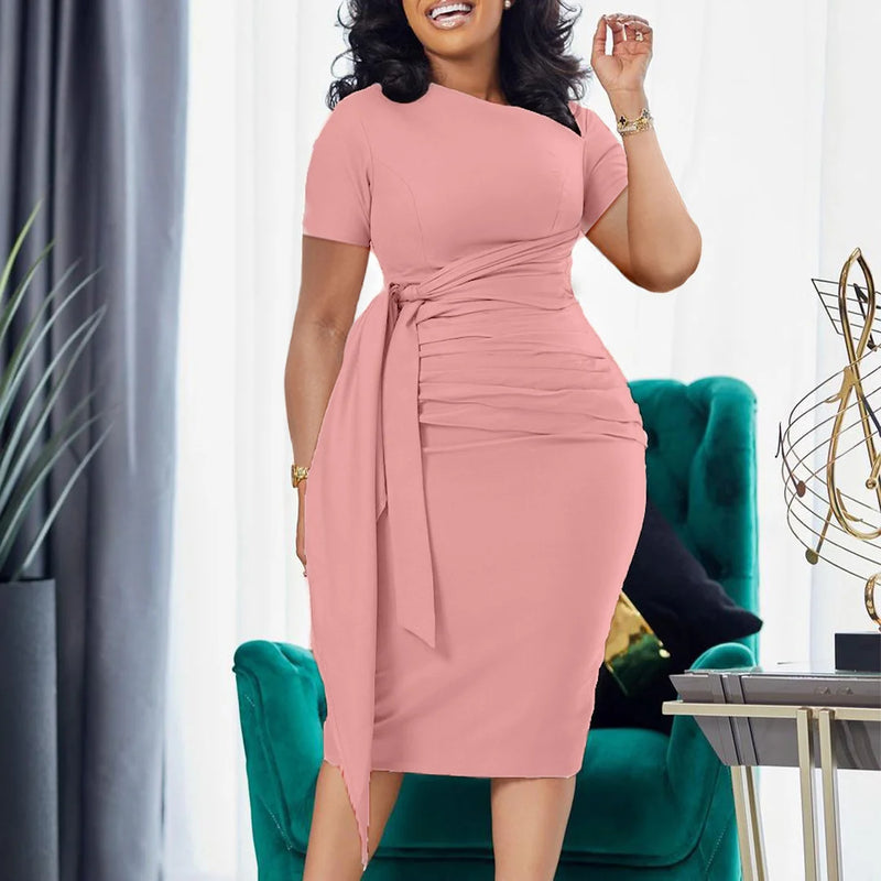 Vestido Feminino Verão Manga Curta Elegante com Pregas - Gola Banda Tendência