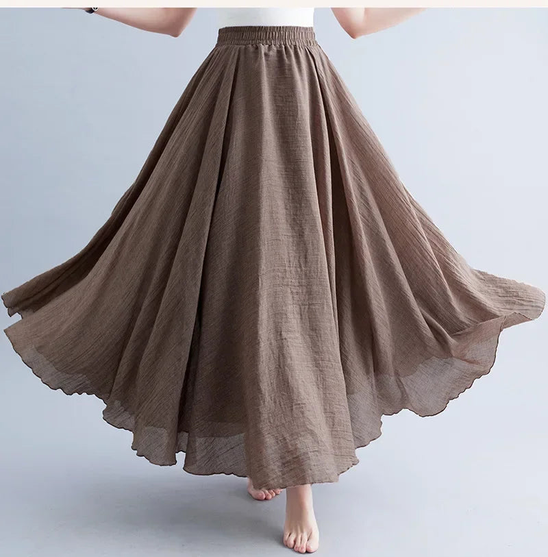 Saia Maxi Algodão Linho Cor Sólida - Casual Elegante Harajuku Longa