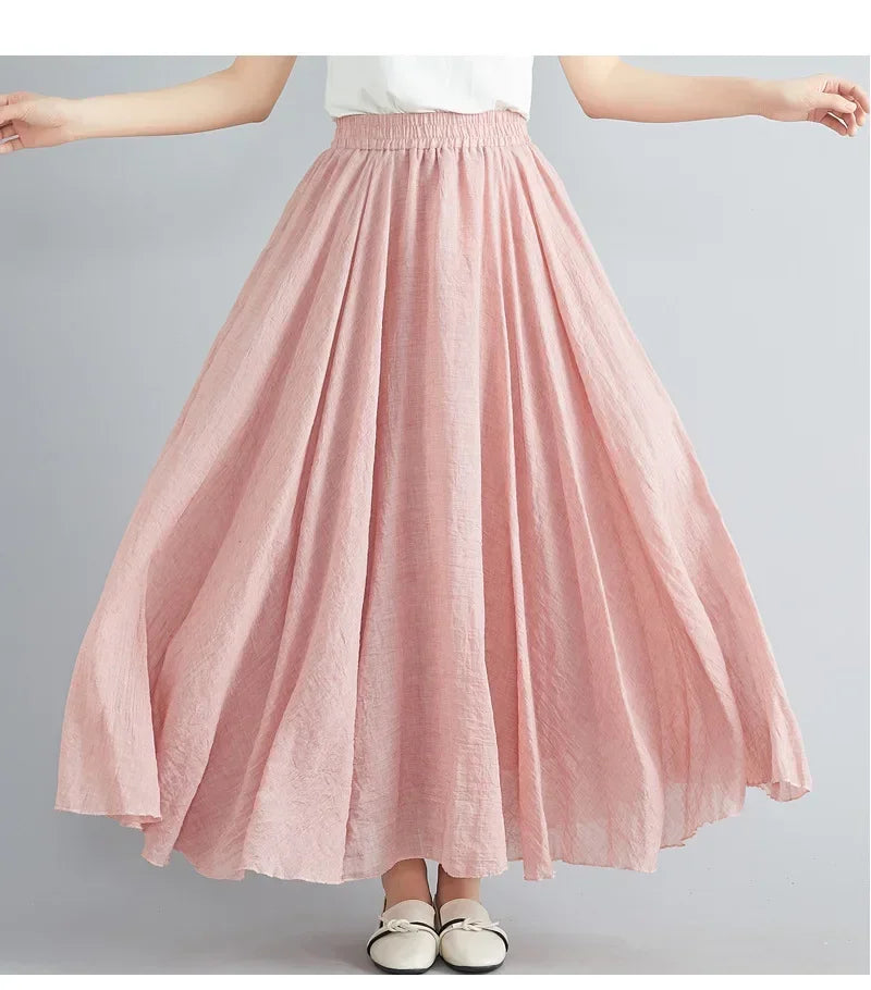 Saia Maxi Algodão Linho Cor Sólida - Casual Elegante Harajuku Longa