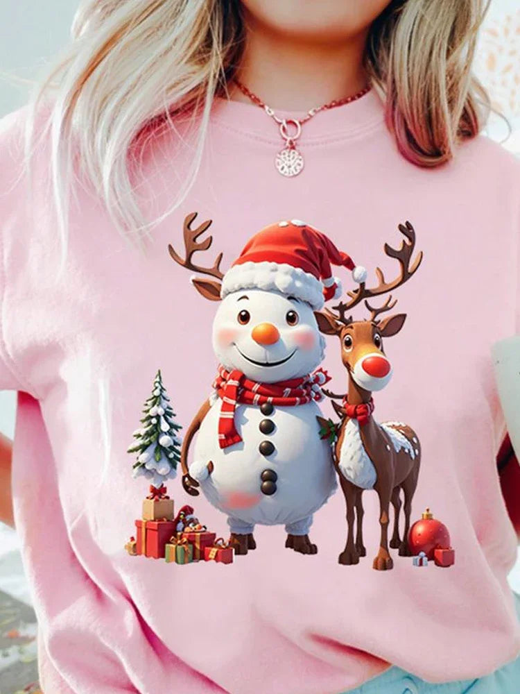 T-Shirt Natal Feminina Cartoon - Boneco Neve Rena Árvore Manga Curta Casual
