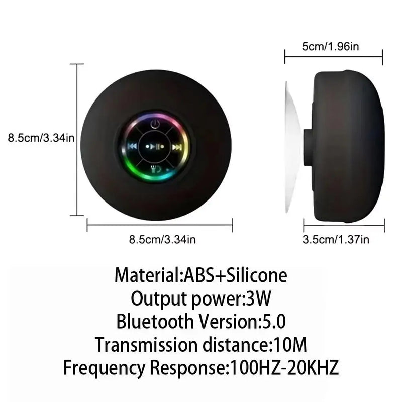 Coluna Bluetooth Mini À Prova de Água - Luzes LED Coloridas Ventosa Suporte Telemóvel