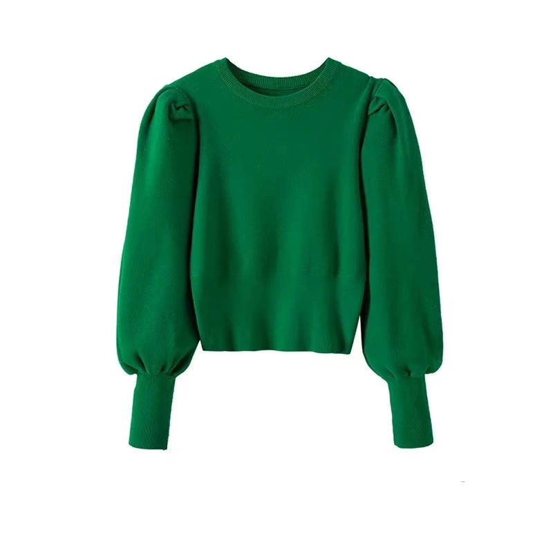 Camisola Gola Alta Feminina Outono Inverno - Manga Puff Malha Coreana Slim