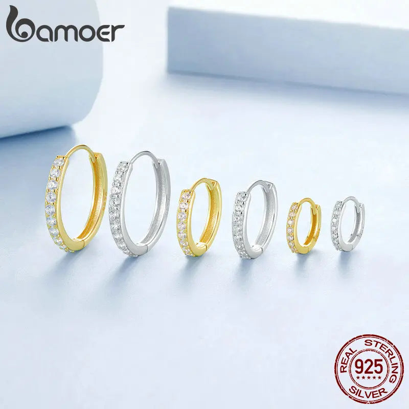 BAMOER 925 Sterling Silver Classic Paved CZ Huggie Hoop Earrings, 18K Gold Plated Cartilage Piercing Earrings Ear Cuff for Women