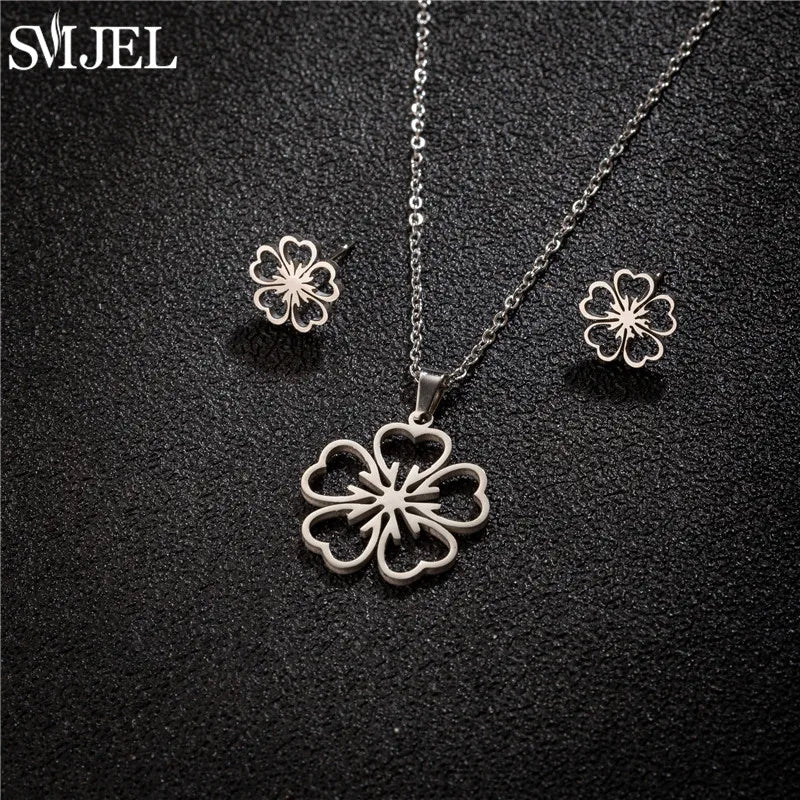 Conjunto Joias Aço Inoxidável - Colares Brincos Flores Bohemia para Homens e Mulheres