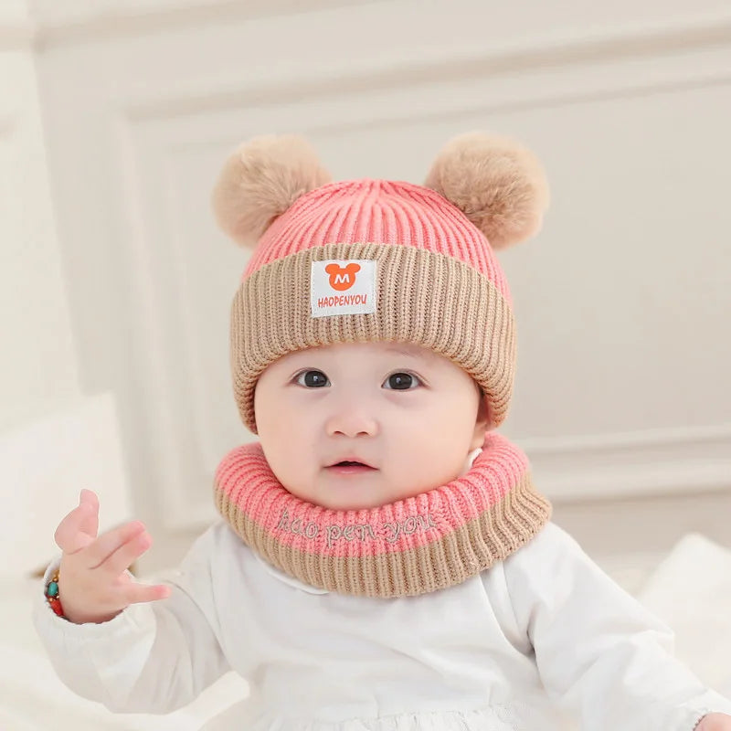 1Set Baby Hat Scarf Set Bear Warm Knitted Children Winter Hat Cap Bonnet Infant Toddler Kids Hat Boys Girls Crochet Beanie