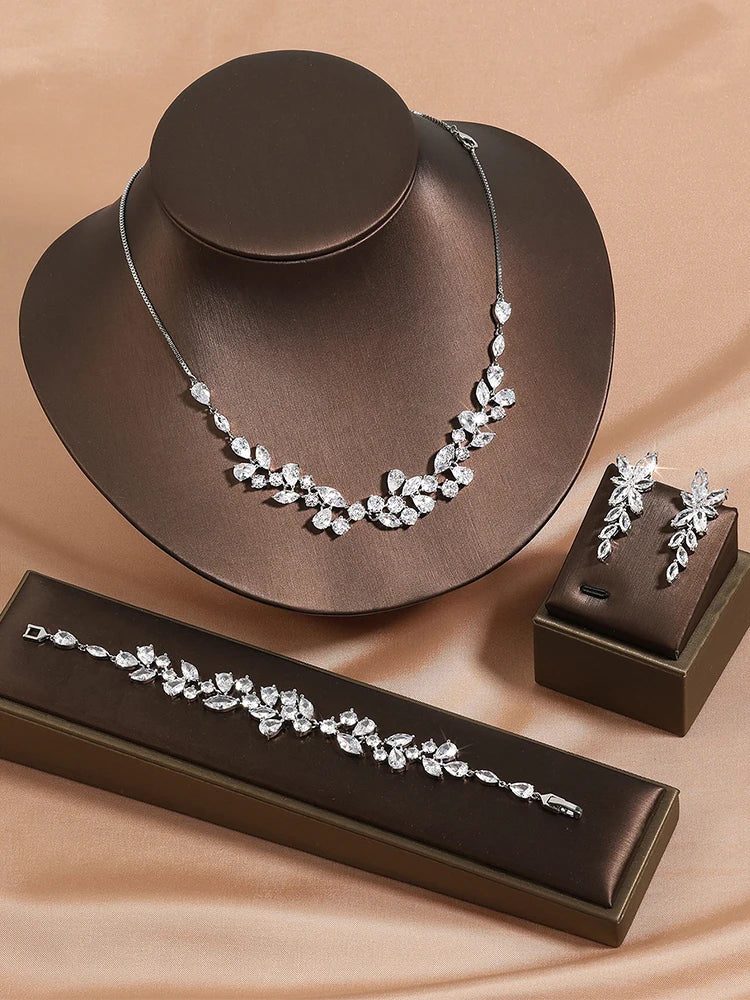 Conjunto Joias ZAKOL Luxo Zircão AAA Branco - Brincos Pulseira Colar 4 Peças para Casamento