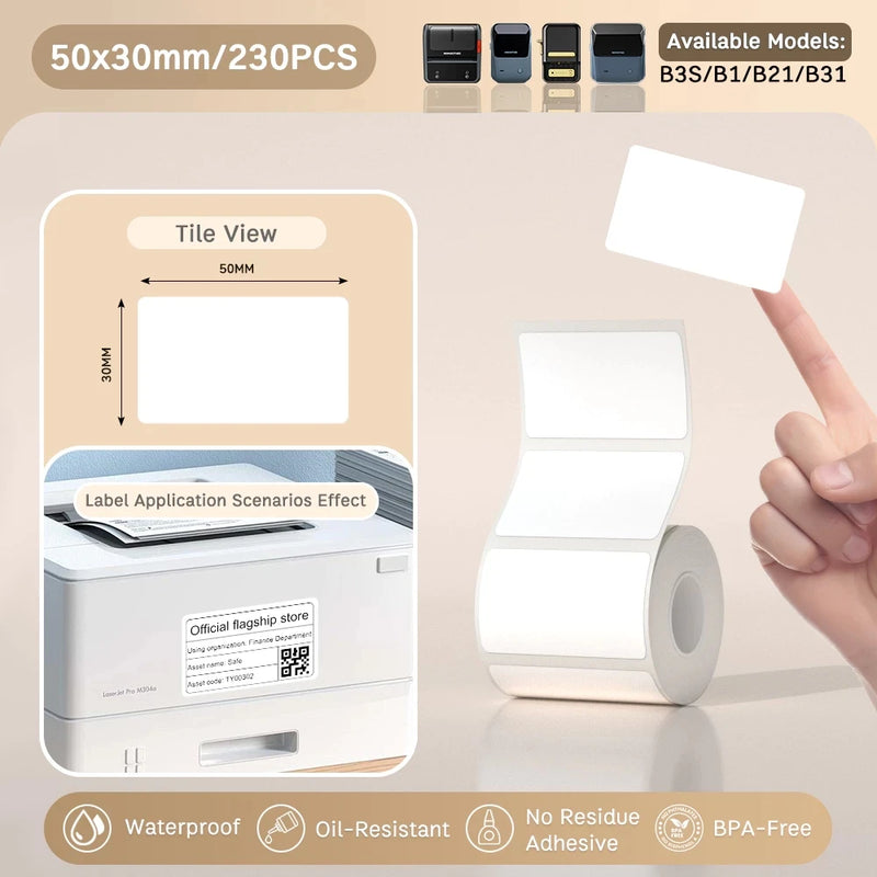 Papel Térmico Niimbot B21/B203/B3S - Etiquetas Autoadesivas Impermeáveis Resistentes a Óleo e Rasgos