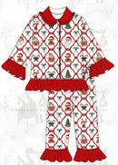 Pijama Natal Criança Manga Comprida - Pai Natal Laço Menino Menina Conjunto