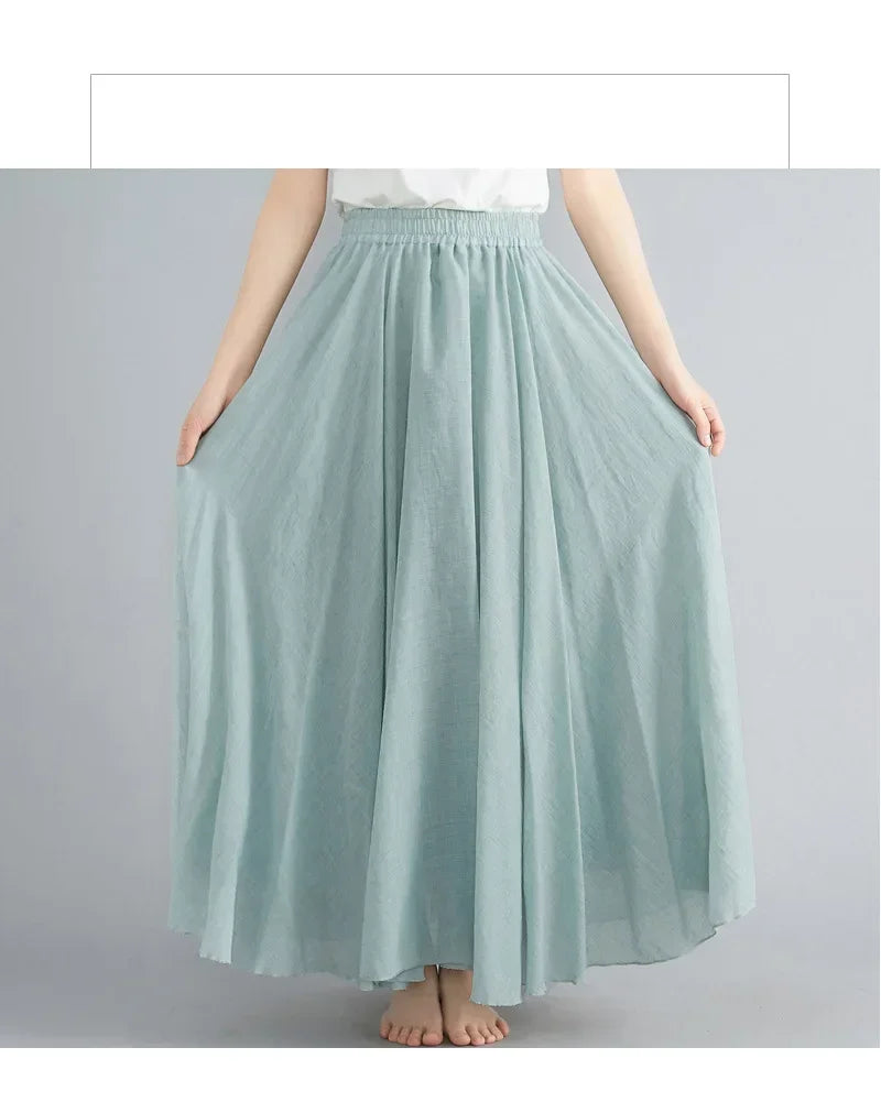 Saia Maxi Algodão Linho Cor Sólida - Casual Elegante Harajuku Longa
