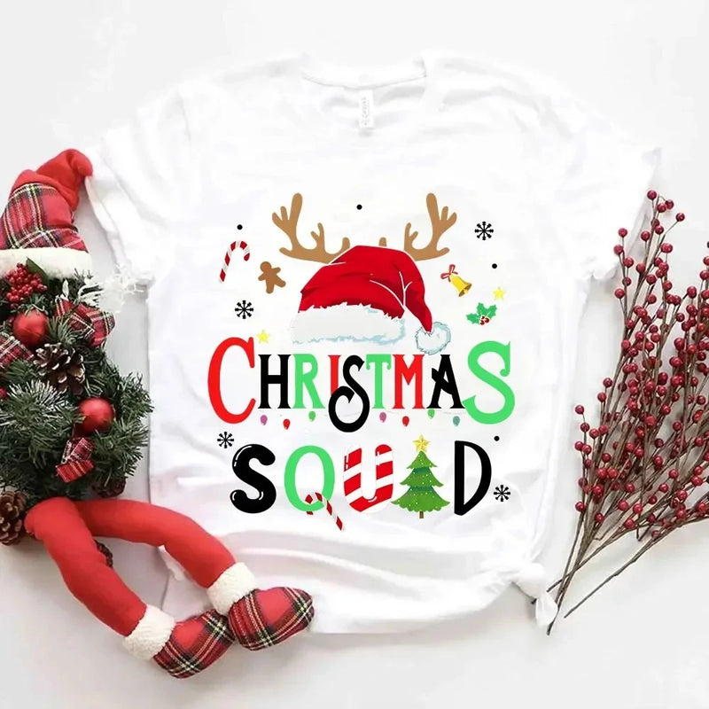 T-Shirt Natal Feminina Merry Christmas - Gorro Renas Manga Curta Branca Casual