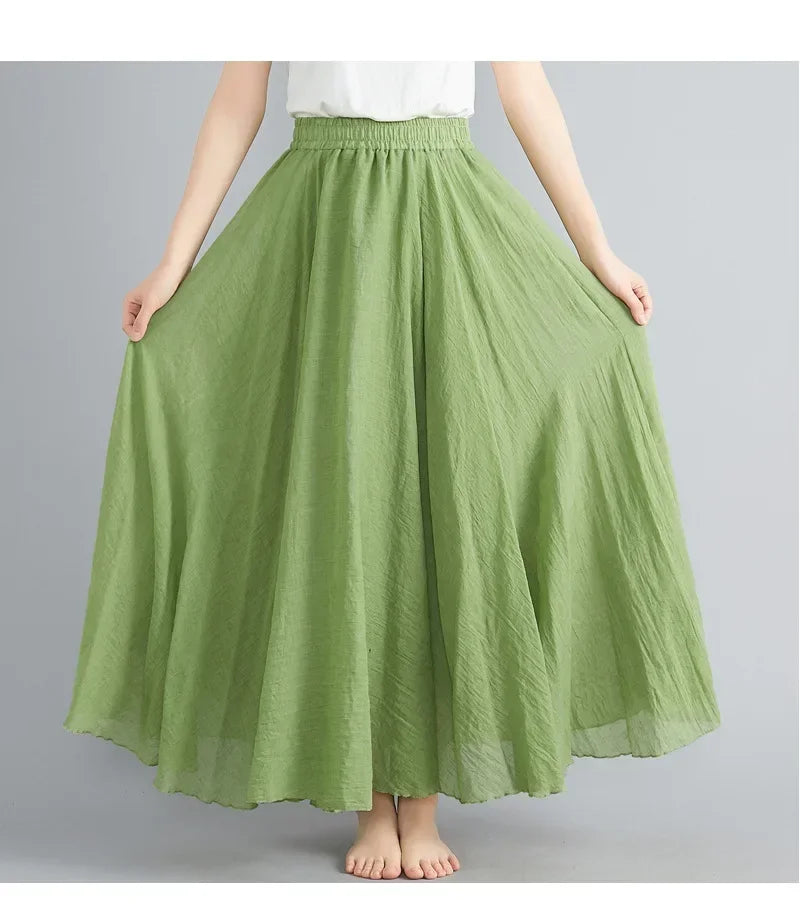 Saia Maxi Algodão Linho Cor Sólida - Casual Elegante Harajuku Longa
