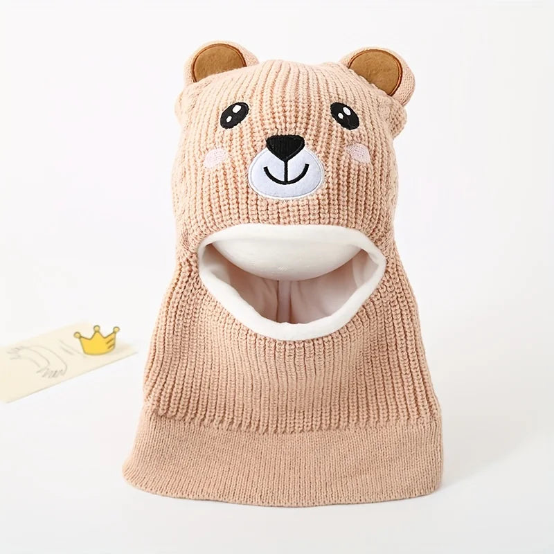 1pc Winter Cartoon Animal Knit Hat with Ear Flaps for Boys, Polyester Thermal Lined Hood, Christmas Outdoor Hiking Warm Cap