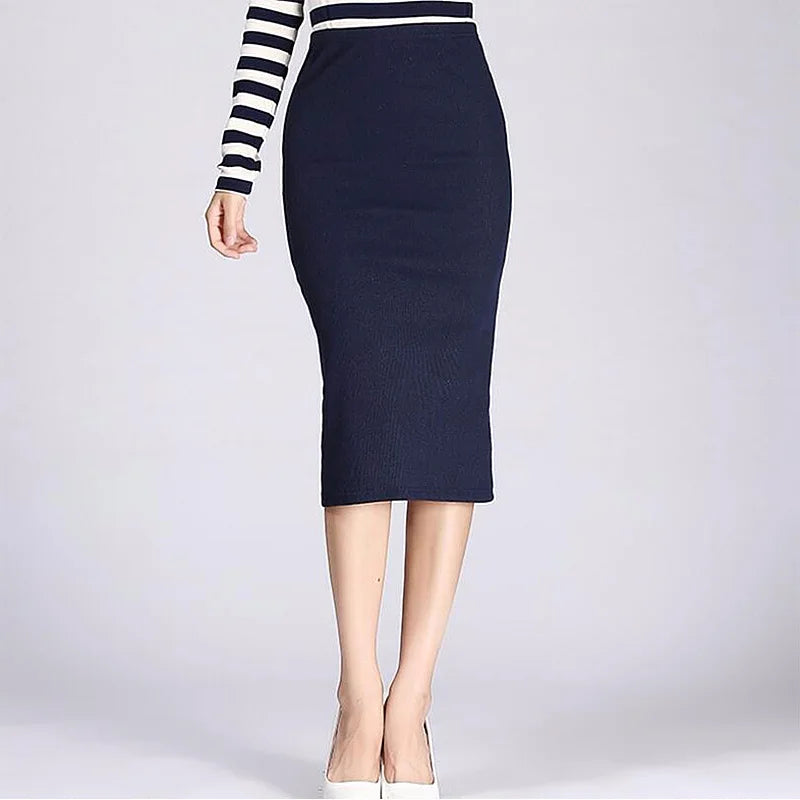 Saia Lápis Longa Primavera Outono - Sexy Slim Ajustada Lã Canelada Midi