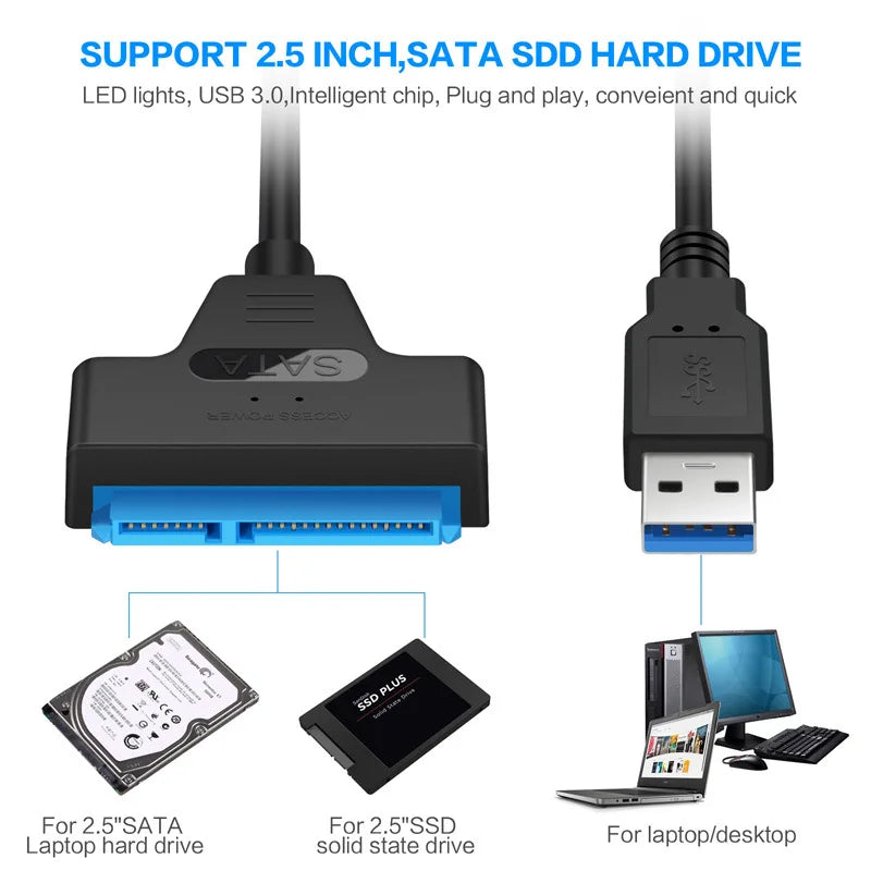Cabo Adaptador SATA para USB 3.0 - 6 Gbps HDD SSD 2.5" Disco Externo