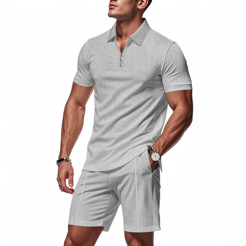 Conjunto Masculino Waffle Americano - Fecho Manga Curta e Calções Verão