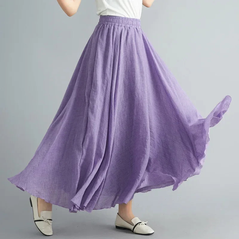 Saia Maxi Algodão Linho Cor Sólida - Casual Elegante Harajuku Longa