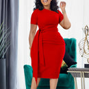 Vestido Feminino Verão Manga Curta Elegante com Pregas - Gola Banda Tendência