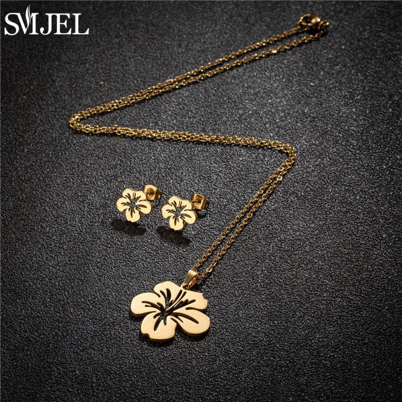 Conjunto Joias Aço Inoxidável - Colares Brincos Flores Bohemia para Homens e Mulheres