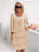 Vestido Festa Manga 3/4 - Saia Camadas Elegante